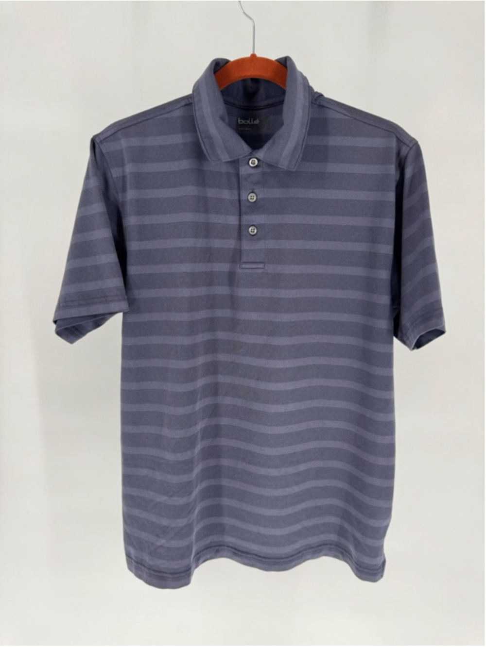 Bolle Menโs Blue/Gray Striped Polo Shirt Medium
